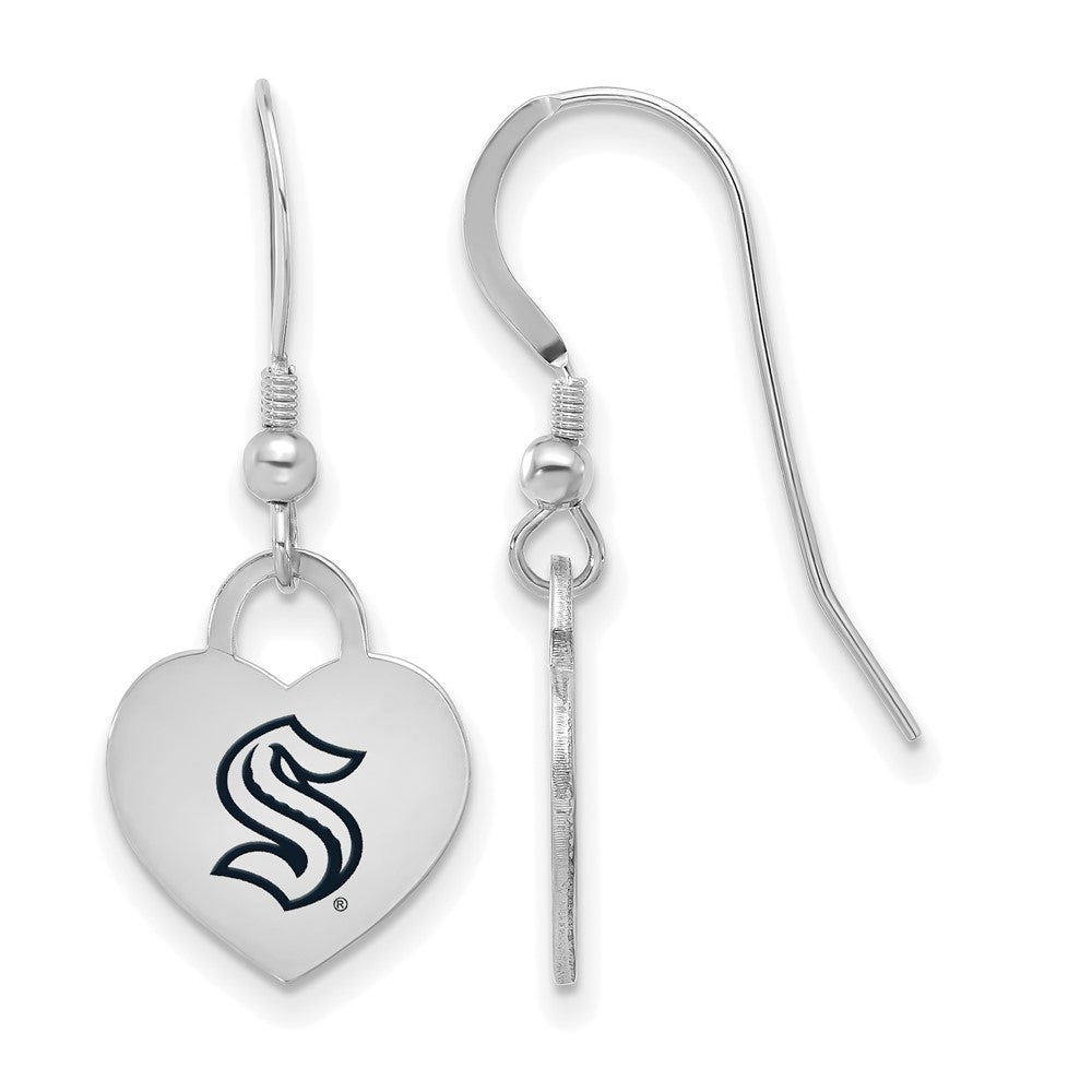 Sterling Silver NHL Seattle Kraken Enamel Heart Dangle Earrings, Item E19135 by The Black Bow Jewelry Co.