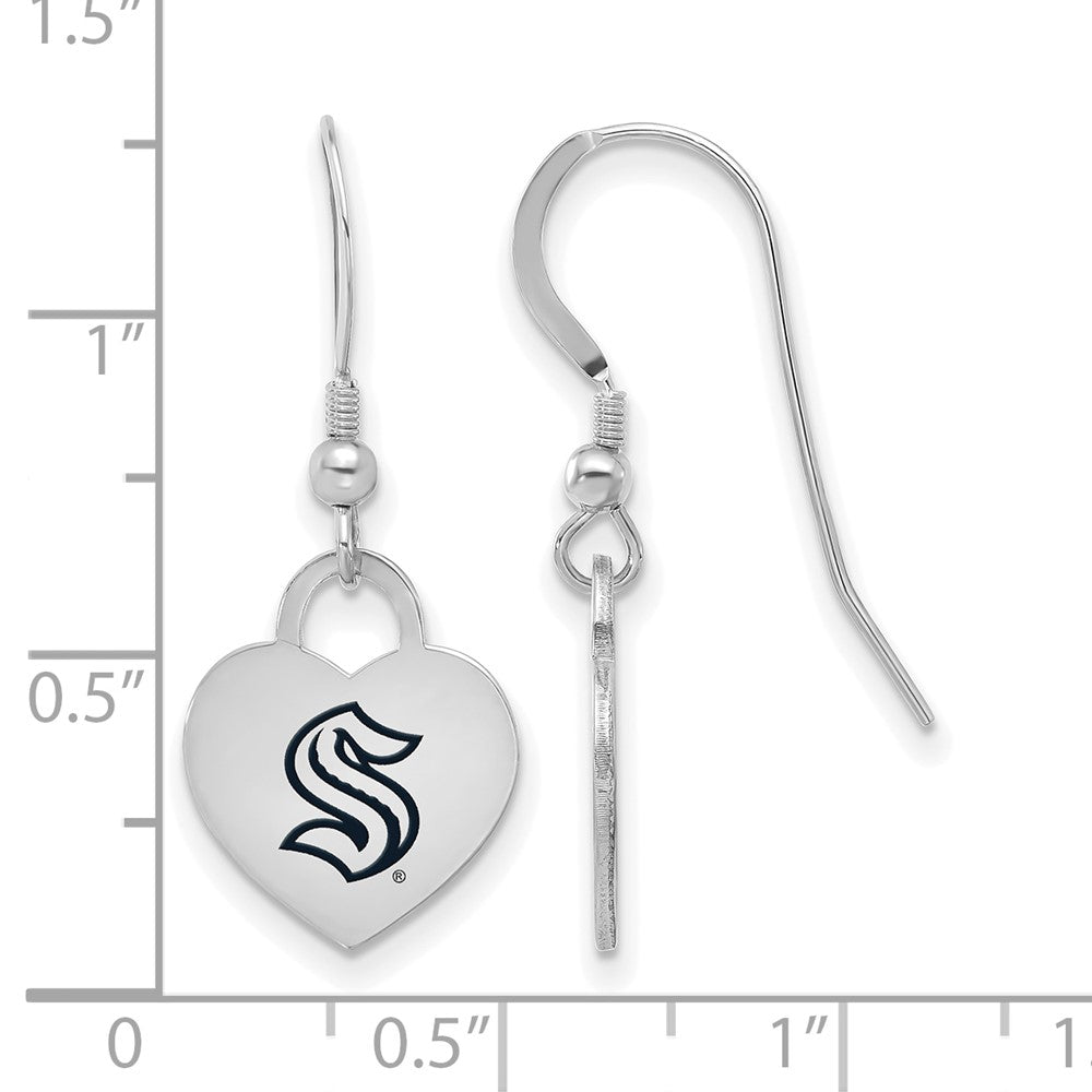 Alternate view of the Sterling Silver NHL Seattle Kraken Enamel Heart Dangle Earrings by The Black Bow Jewelry Co.