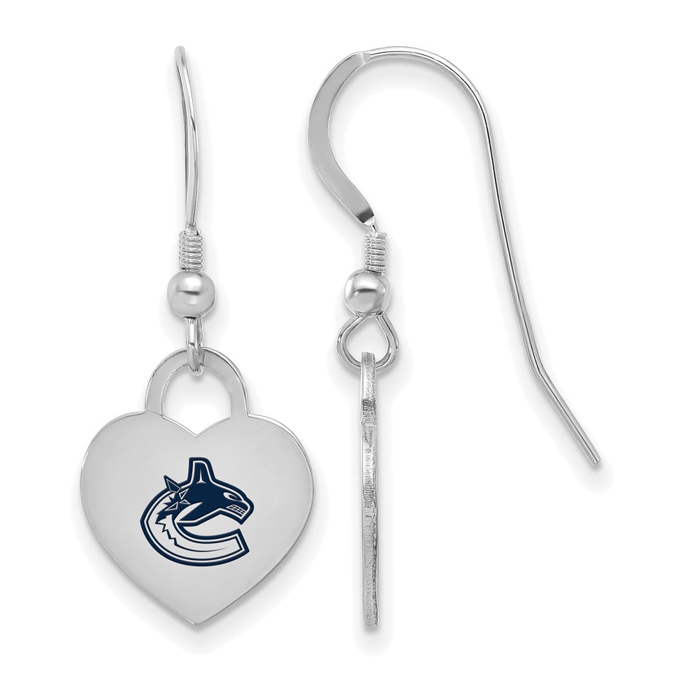 Sterling Silver NHL Vancouver Canucks Enamel Heart Dangle Earrings, Item E19143 by The Black Bow Jewelry Co.