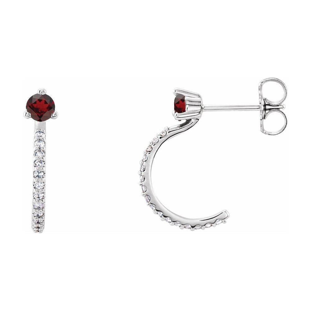 14K Yellow or White Gold Garnet & 1/8 CTW Diamond J Hoop Earrings 14mm