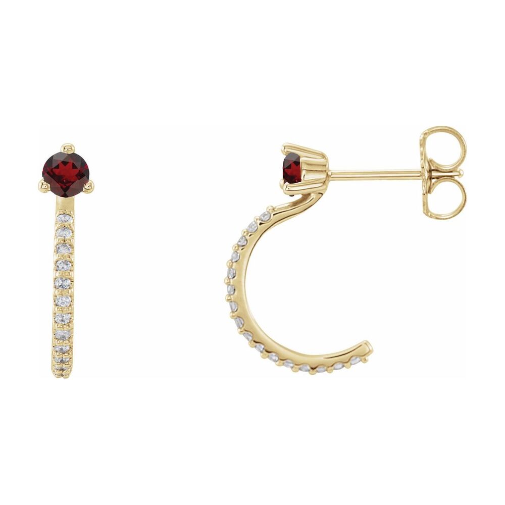 14K Yellow or White Gold Garnet & 1/8 CTW Diamond J Hoop Earrings 14mm