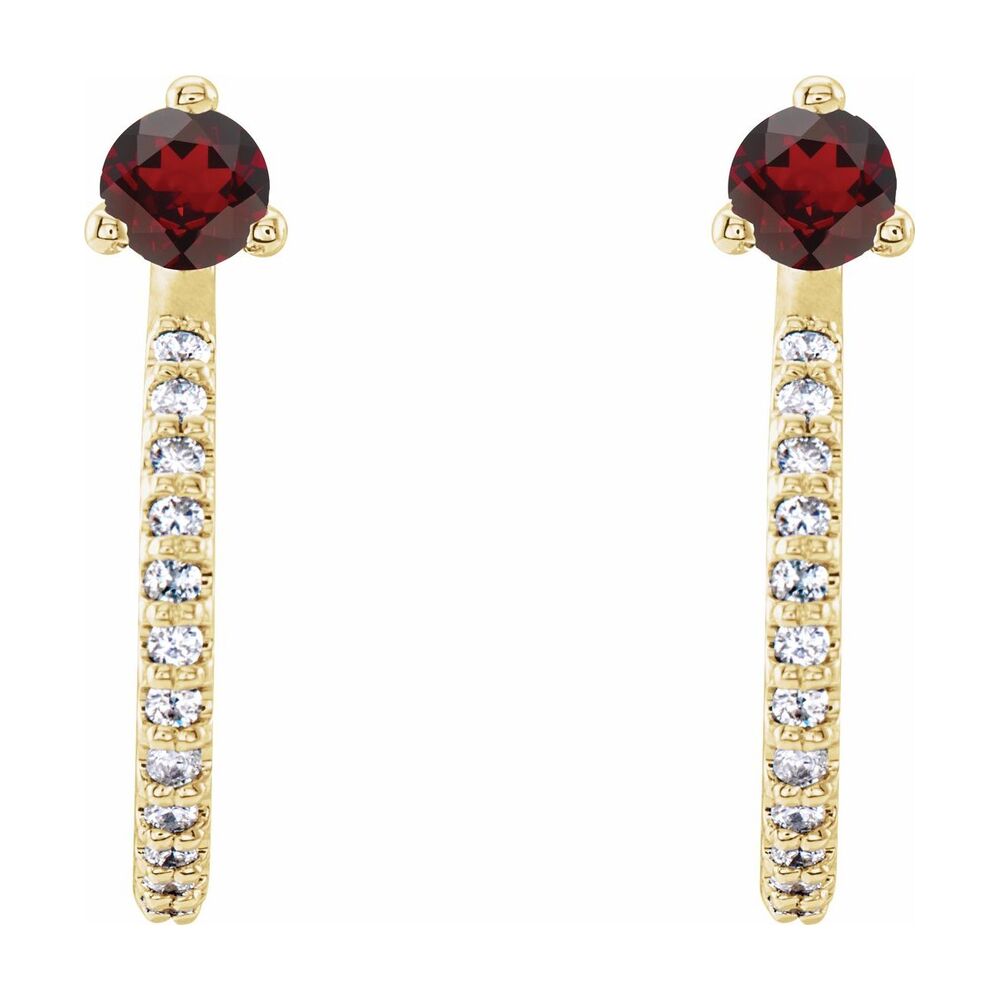 Alternate view of the 14K Yellow Gold Garnet & 1/8 CTW (I1, GH) Diamond J Hoop Earrings 14mm by The Black Bow Jewelry Co.