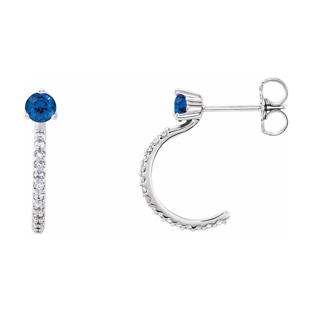 14K Gold Blue Sapphire & 1/8 CTW (I1, GH) Diamond J Hoop Earrings 14mm