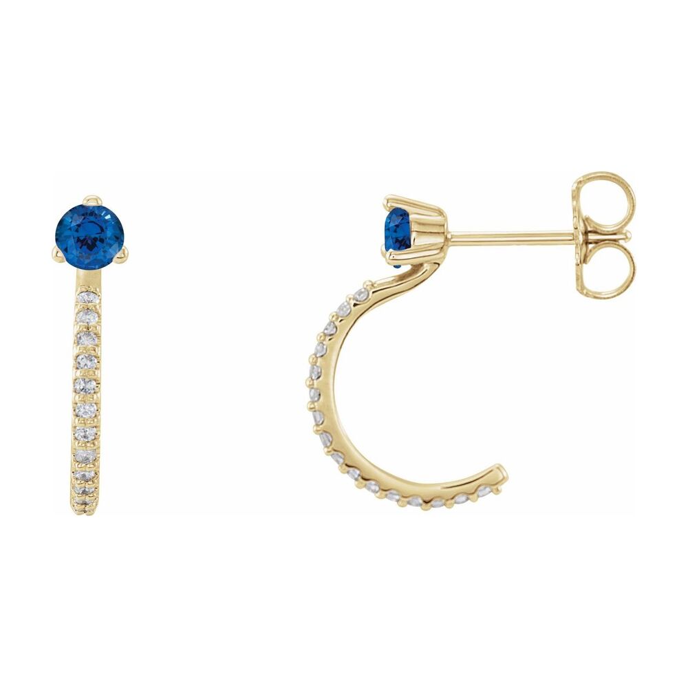14K Gold Blue Sapphire & 1/8 CTW (I1, GH) Diamond J Hoop Earrings 14mm