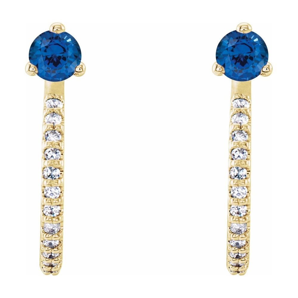 Alternate view of the 14K Gold Blue Sapphire & 1/8 CTW (I1, GH) Diamond J Hoop Earrings 14mm by The Black Bow Jewelry Co.