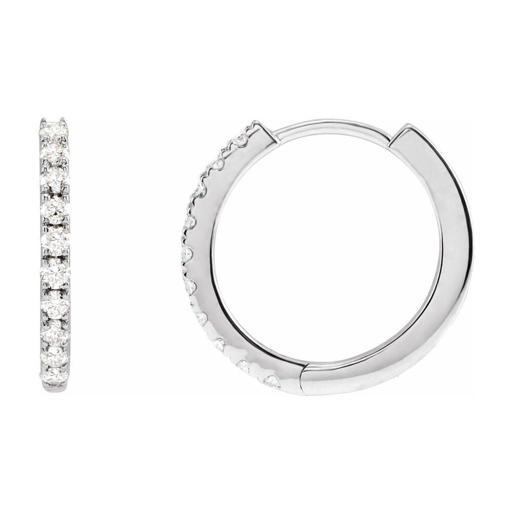 14K White Gold 1/4 CTW Lab Grown Diamond 14mm Hinged Hoop Earrings, Item E19154-025 by The Black Bow Jewelry Co.
