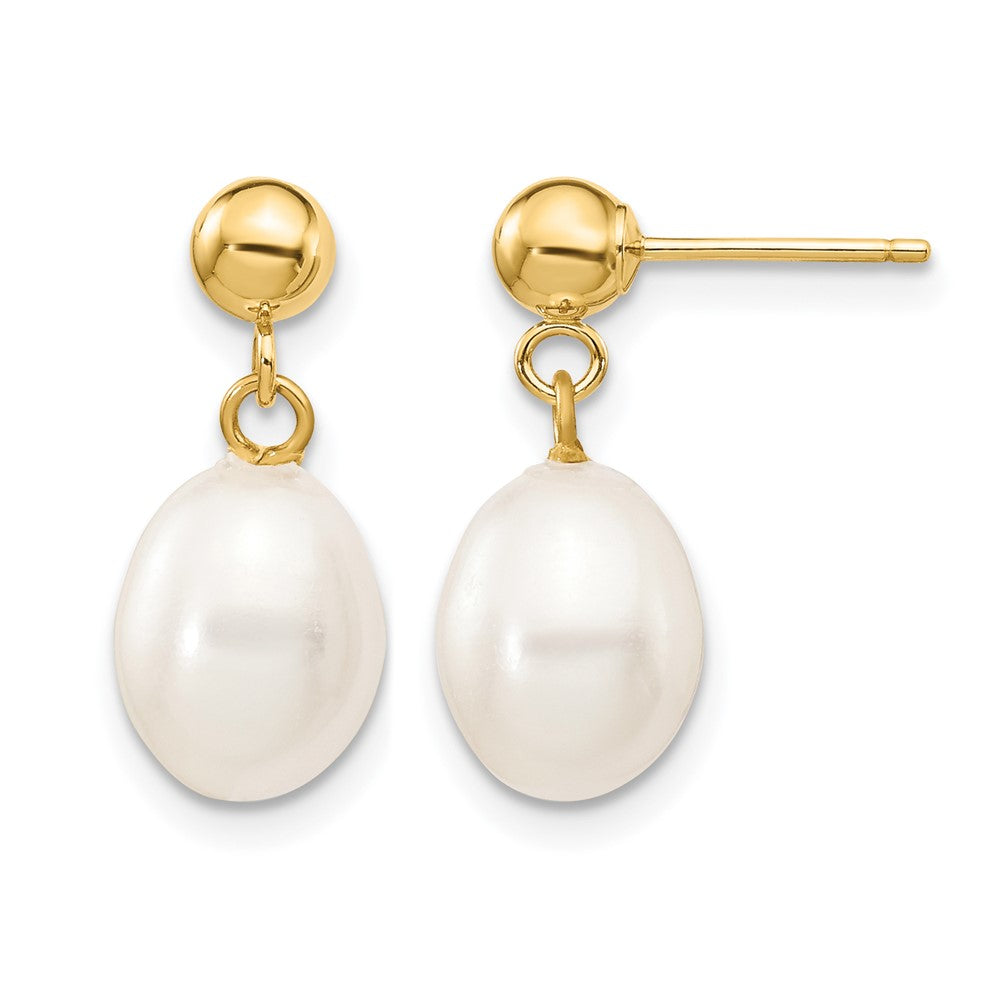 14K Gold Filled 7-8mm White Rice FWC Pearl Post Dangle Earrings, Item E19166-08 by The Black Bow Jewelry Co.