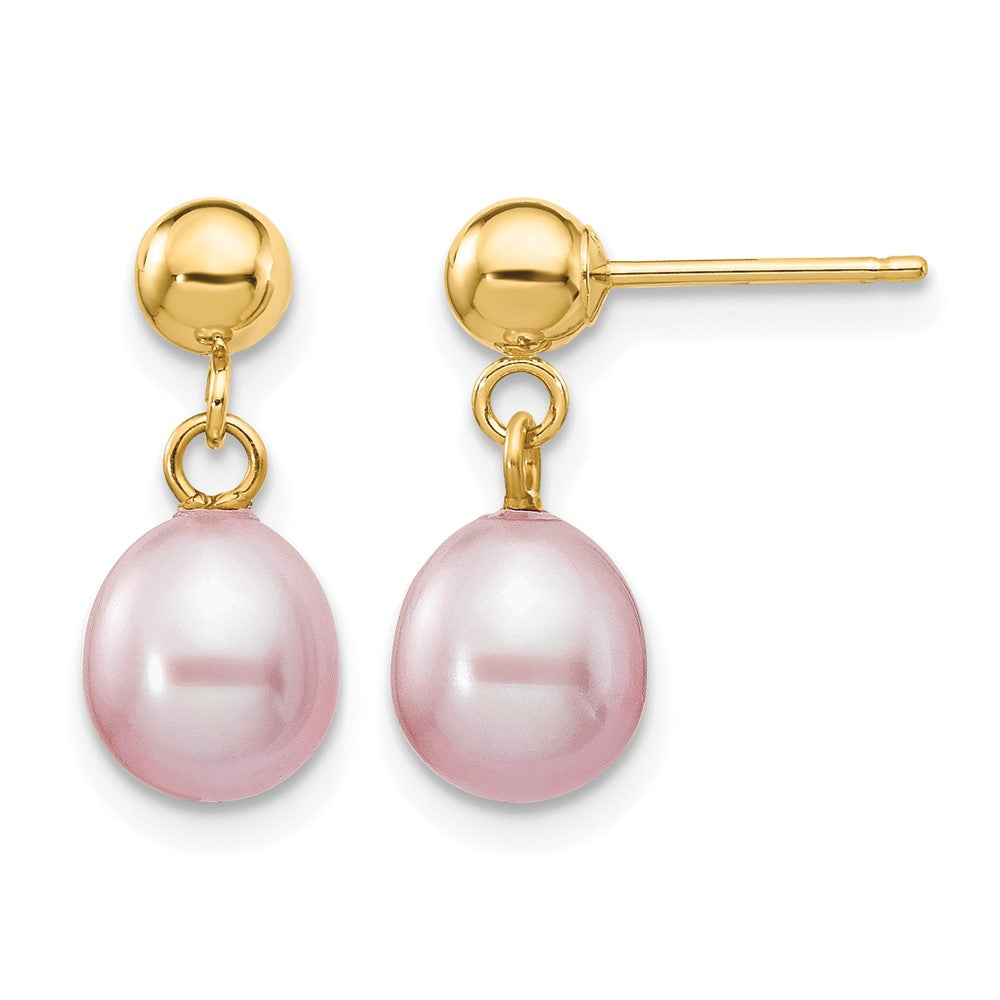 14K Gold Filled 6-7mm Purple Rice FWC Pearl Post Dangle Earrings, Item E19168-07 by The Black Bow Jewelry Co.