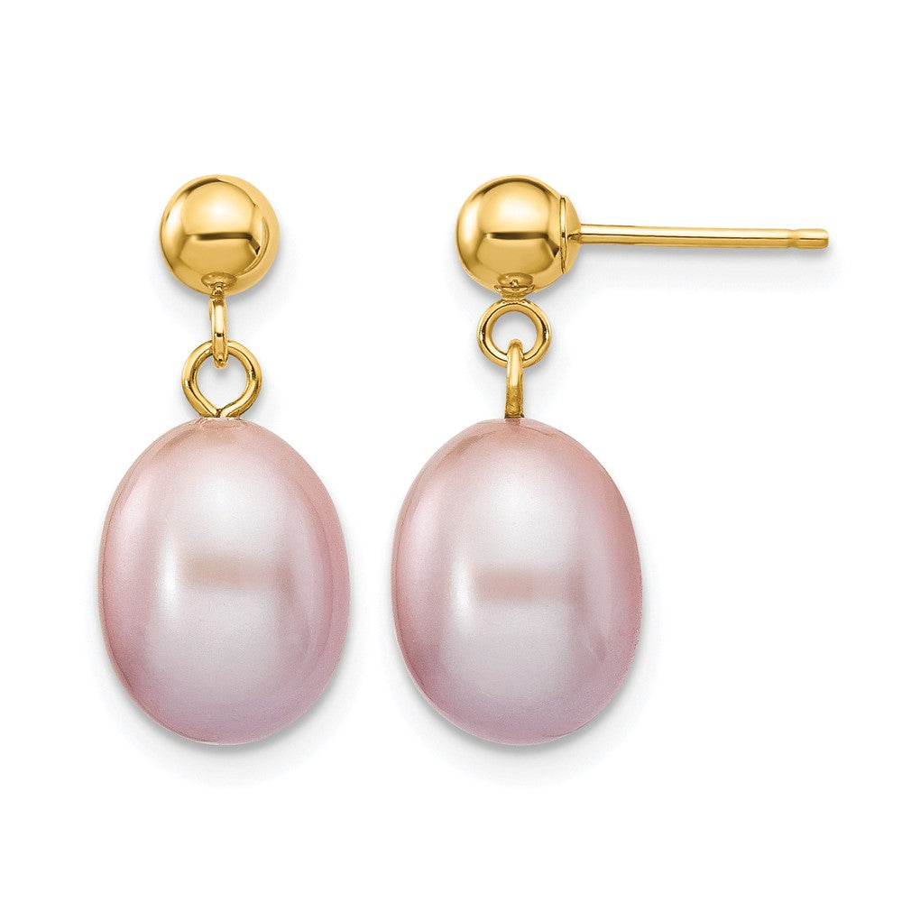 14K Gold Filled 8-9mm Purple Rice FWC Pearl Post Dangle Earrings, Item E19168-09 by The Black Bow Jewelry Co.