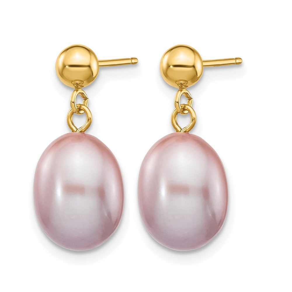 Alternate view of the 14K Gold Filled 8-9mm Purple Rice FWC Pearl Post Dangle Earrings by The Black Bow Jewelry Co.