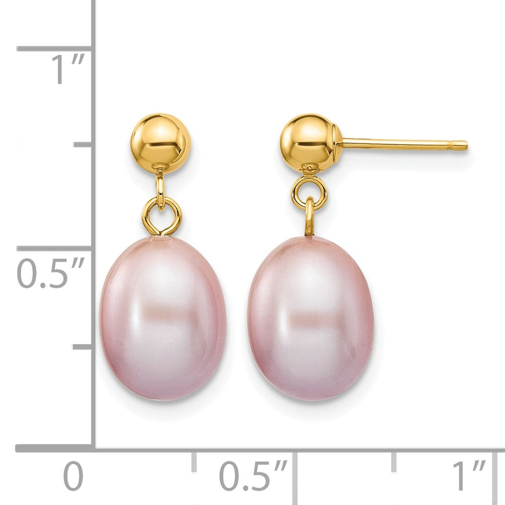 Alternate view of the 14K Gold Filled 8-9mm Purple Rice FWC Pearl Post Dangle Earrings by The Black Bow Jewelry Co.