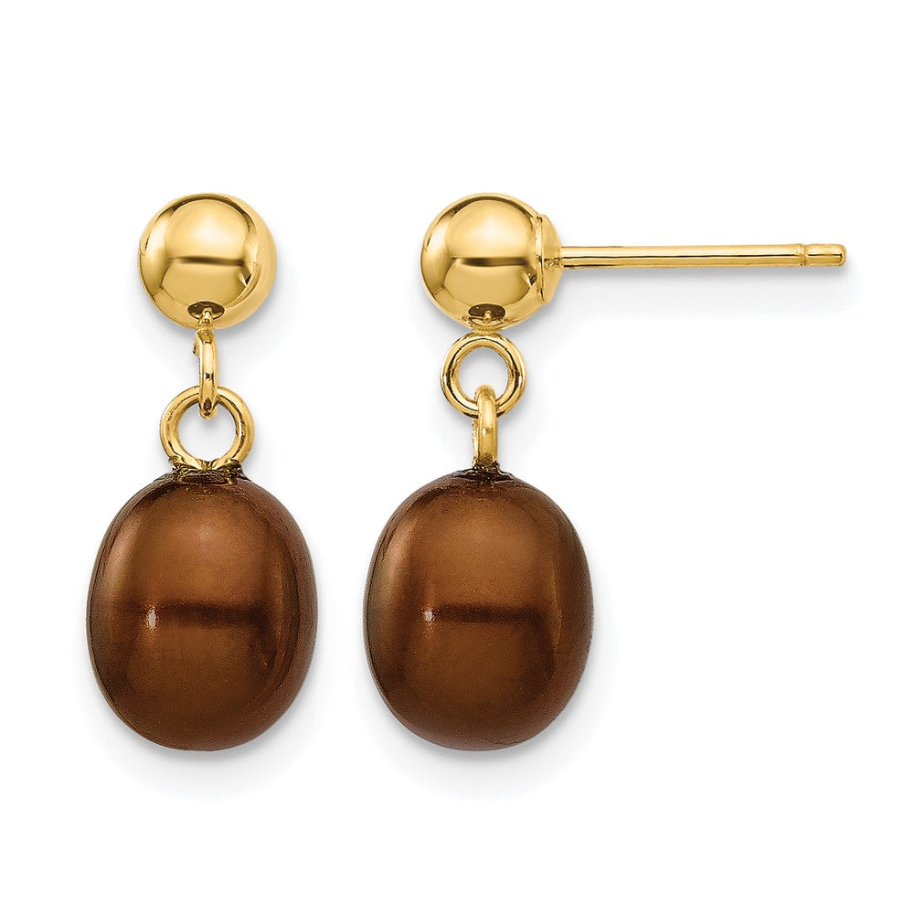 14K Gold Filled 6-7mm Brown Rice FWC Pearl Post Dangle Earrings, Item E19170-07 by The Black Bow Jewelry Co.