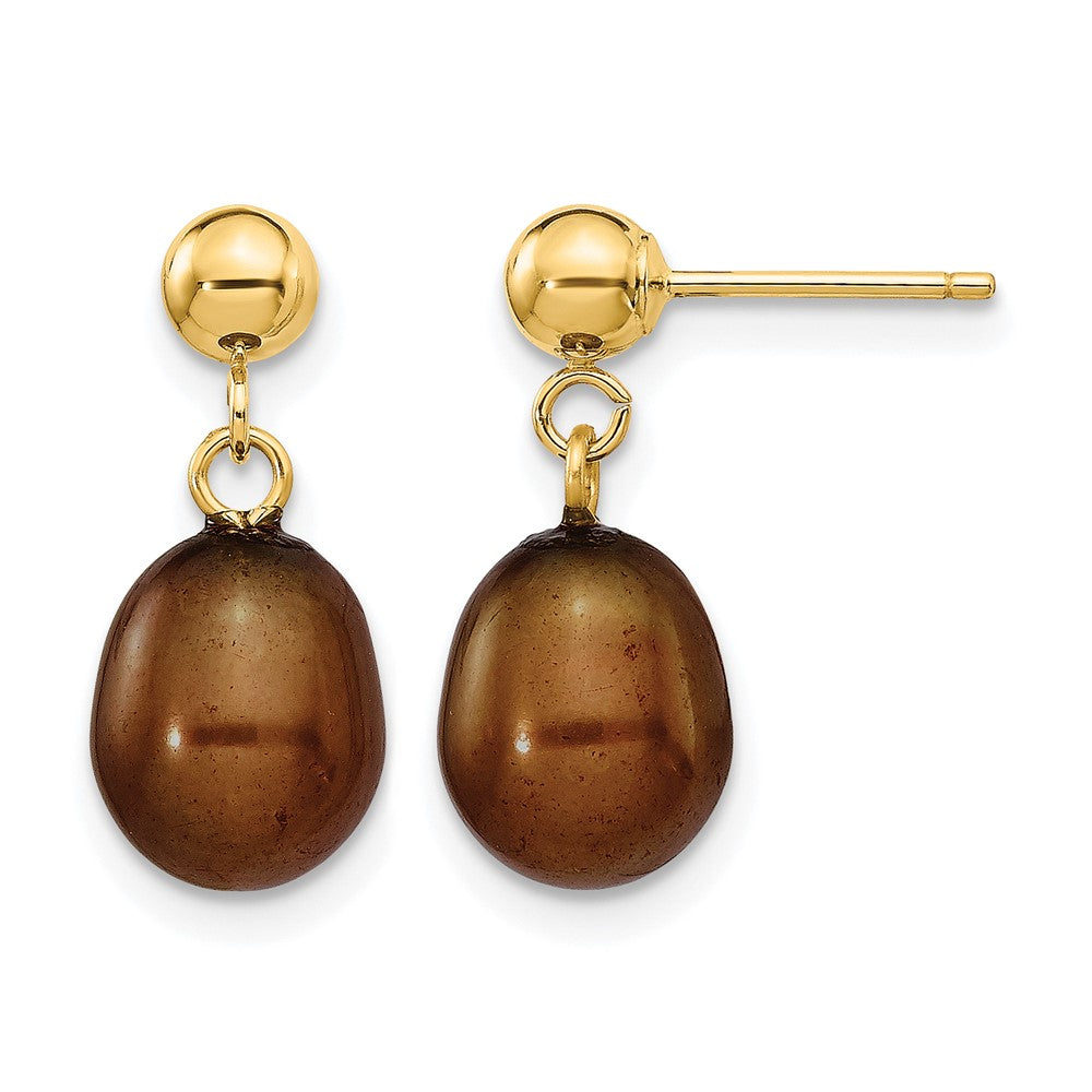14K Gold Filled 7-8mm Brown Rice FWC Pearl Post Dangle Earrings, Item E19170-08 by The Black Bow Jewelry Co.