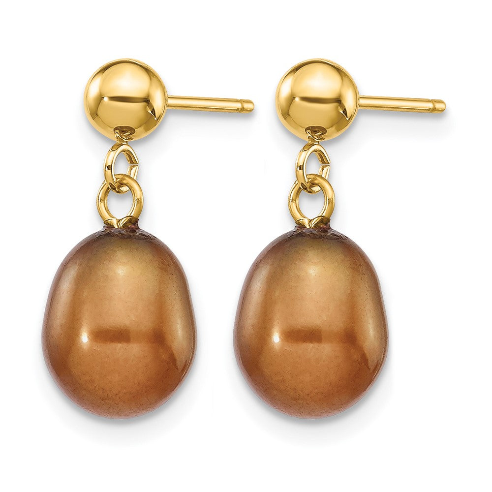 Alternate view of the 14K Gold Filled 7-8mm Brown Rice FWC Pearl Post Dangle Earrings by The Black Bow Jewelry Co.