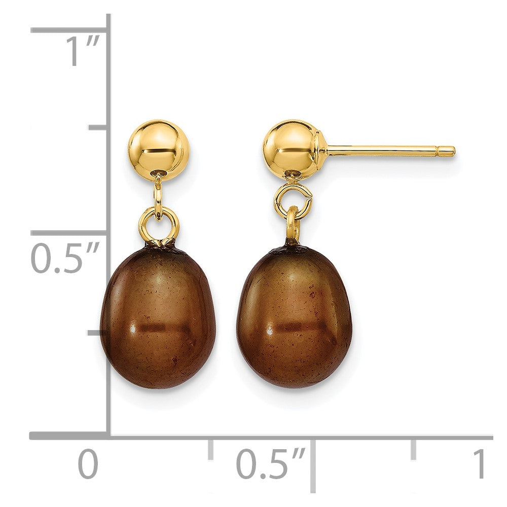 Alternate view of the 14K Gold Filled 7-8mm Brown Rice FWC Pearl Post Dangle Earrings by The Black Bow Jewelry Co.