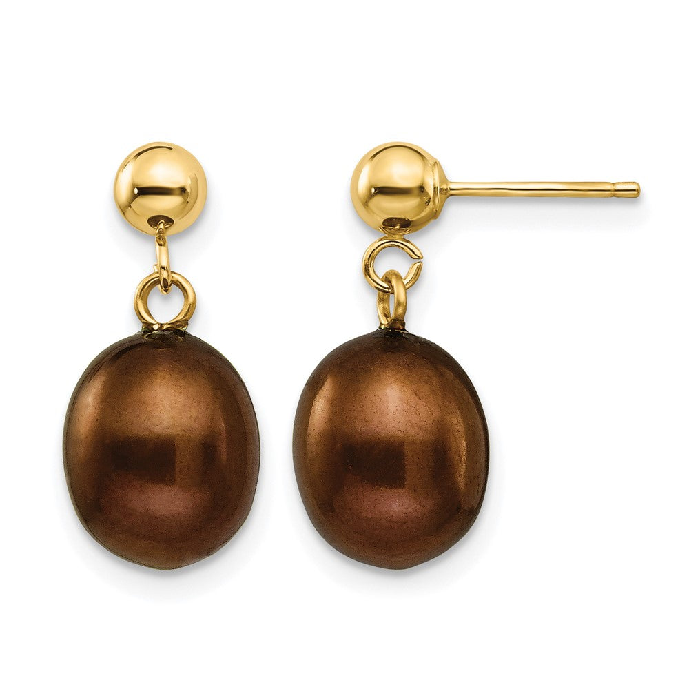 14K Gold Filled 8-9mm Brown Rice FWC Pearl Post Dangle Earrings, Item E19170-09 by The Black Bow Jewelry Co.