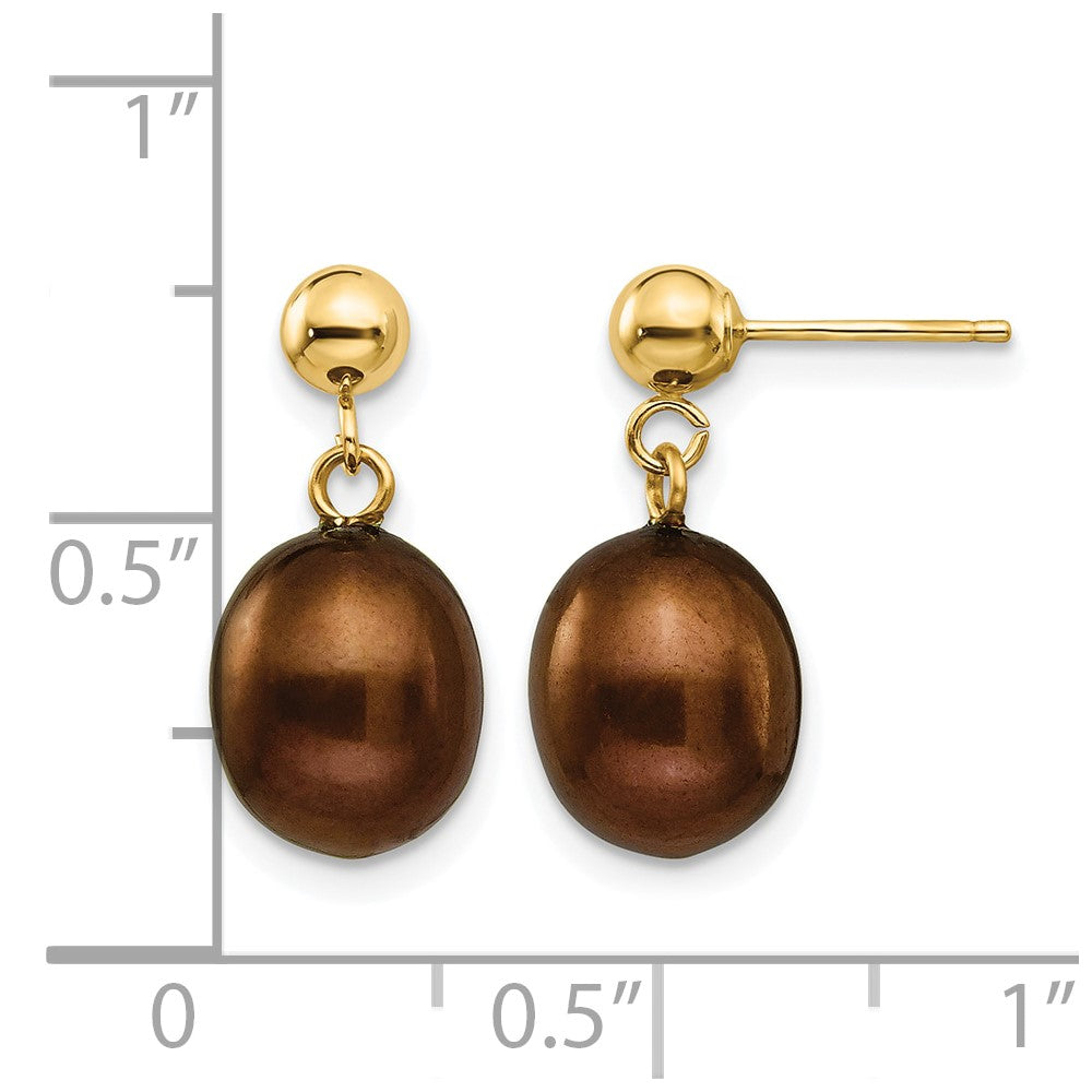 Alternate view of the 14K Gold Filled 8-9mm Brown Rice FWC Pearl Post Dangle Earrings by The Black Bow Jewelry Co.