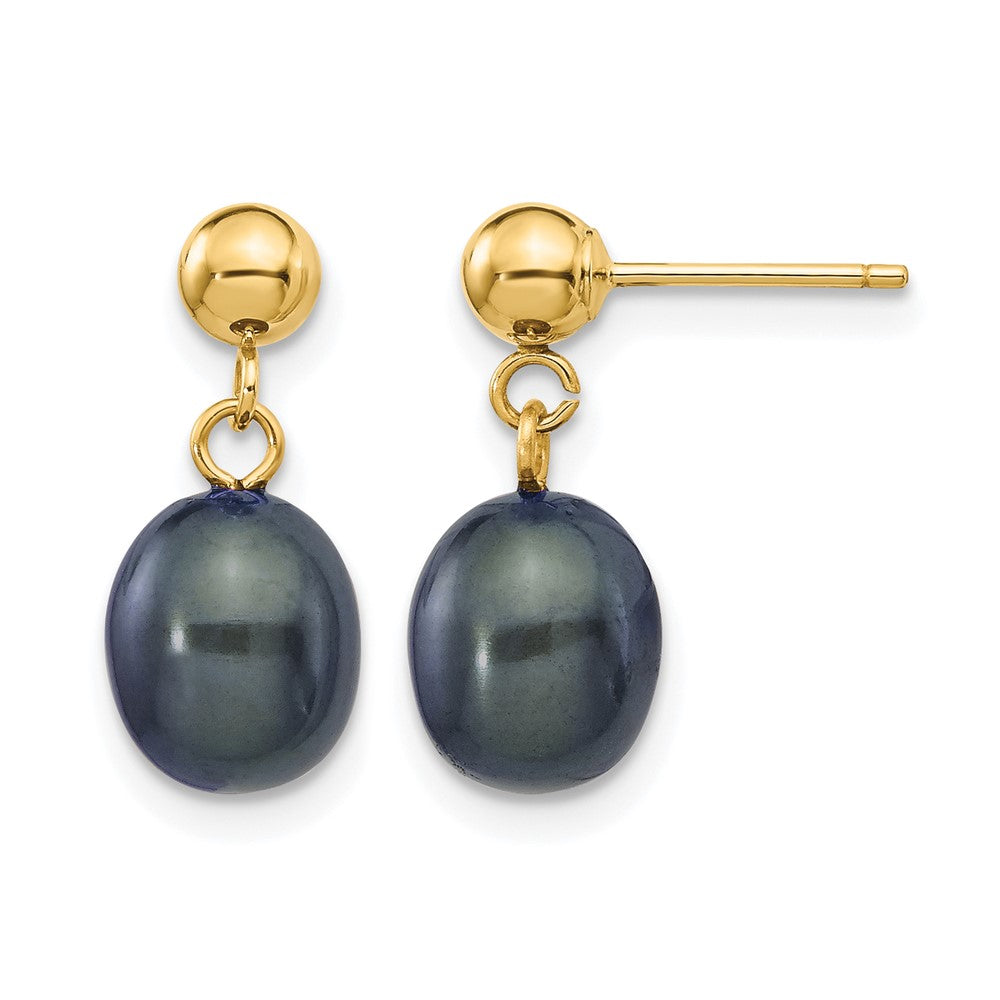 14K Gold Filled 7-8mm Black Rice FWC Pearl Post Dangle Earrings, Item E19171-08 by The Black Bow Jewelry Co.
