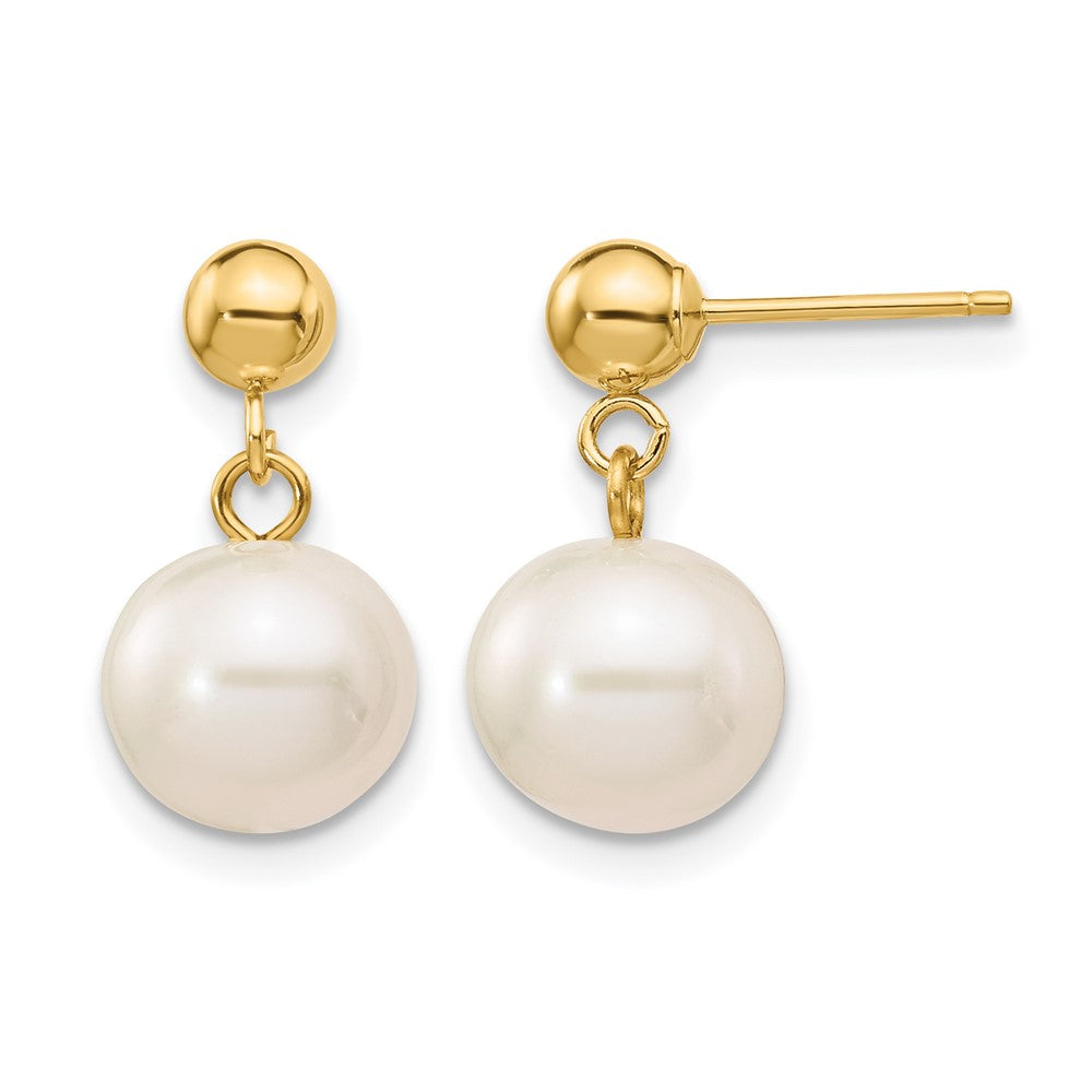 14K Gold Filled 8-8.5mm White Round FWC Pearl Post Dangle Earrings, Item E19186 by The Black Bow Jewelry Co.