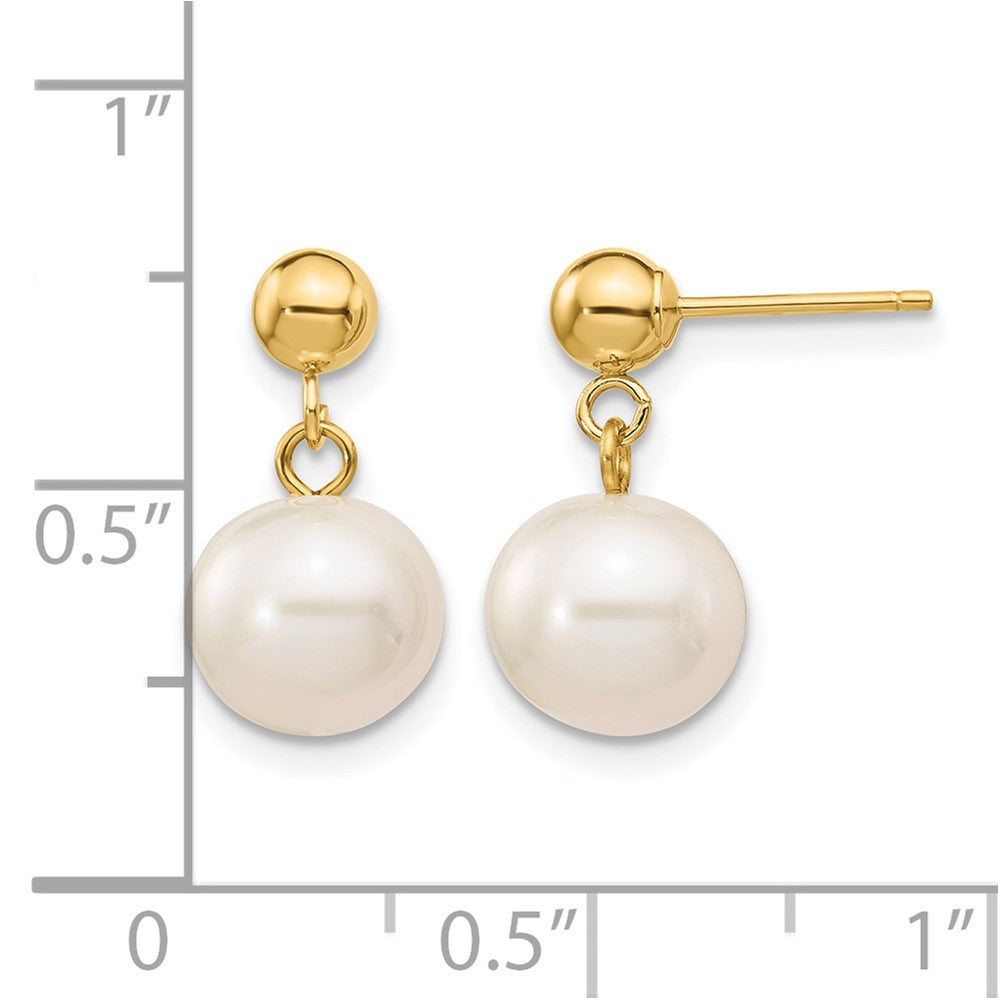 Alternate view of the 14K Gold Filled 8-8.5mm White Round FWC Pearl Post Dangle Earrings by The Black Bow Jewelry Co.
