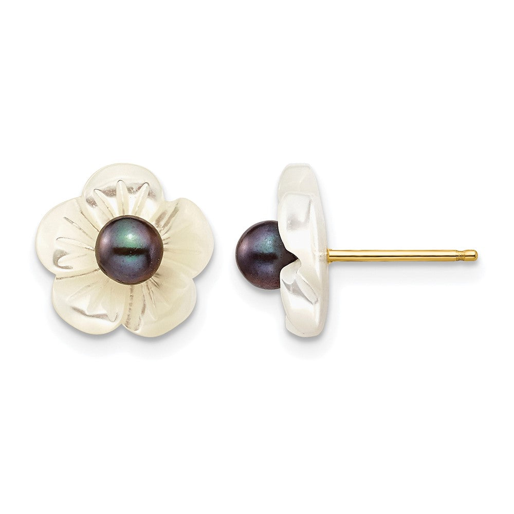 14K Gold Filled 3-4mm Black FWC Pearl MOP Flower Post Earrings, 11mm, Item E19187 by The Black Bow Jewelry Co.