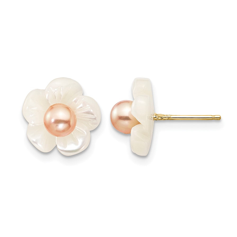 14K Gold Filled 3-4mm Pink FWC Pearl MOP Flower Post Earrings, 11mm, Item E19188 by The Black Bow Jewelry Co.