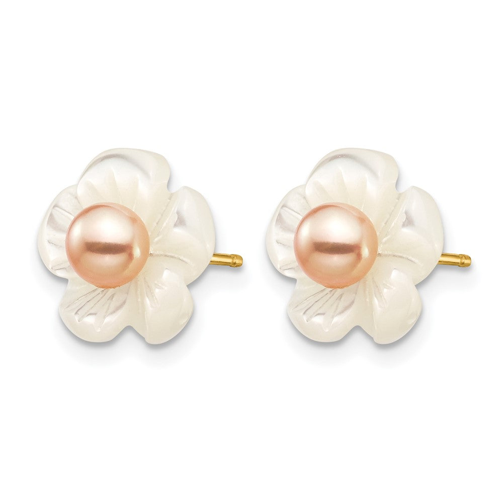 Alternate view of the 14K Gold Filled 3-4mm Pink FWC Pearl MOP Flower Post Earrings, 11mm by The Black Bow Jewelry Co.