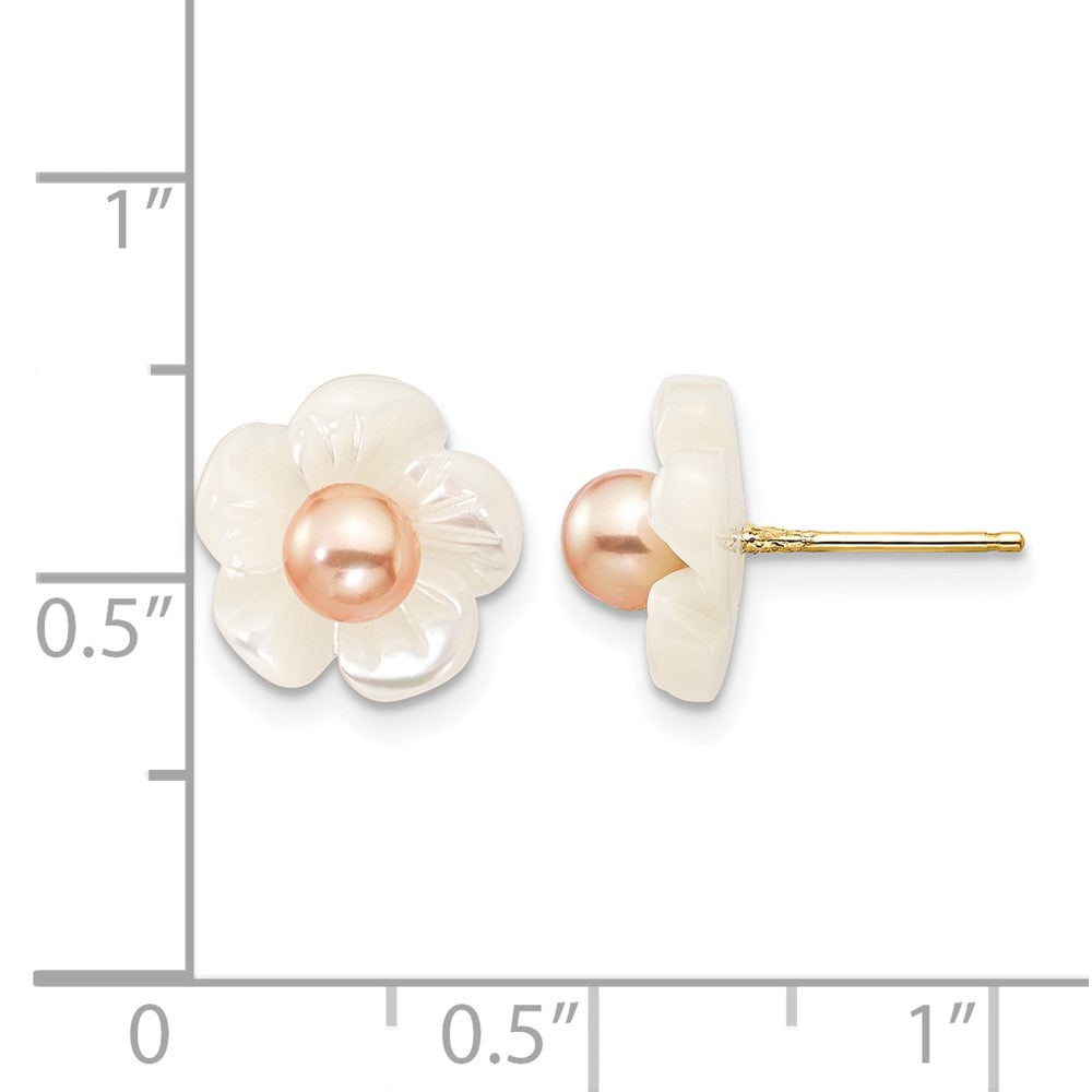 Alternate view of the 14K Gold Filled 3-4mm Pink FWC Pearl MOP Flower Post Earrings, 11mm by The Black Bow Jewelry Co.