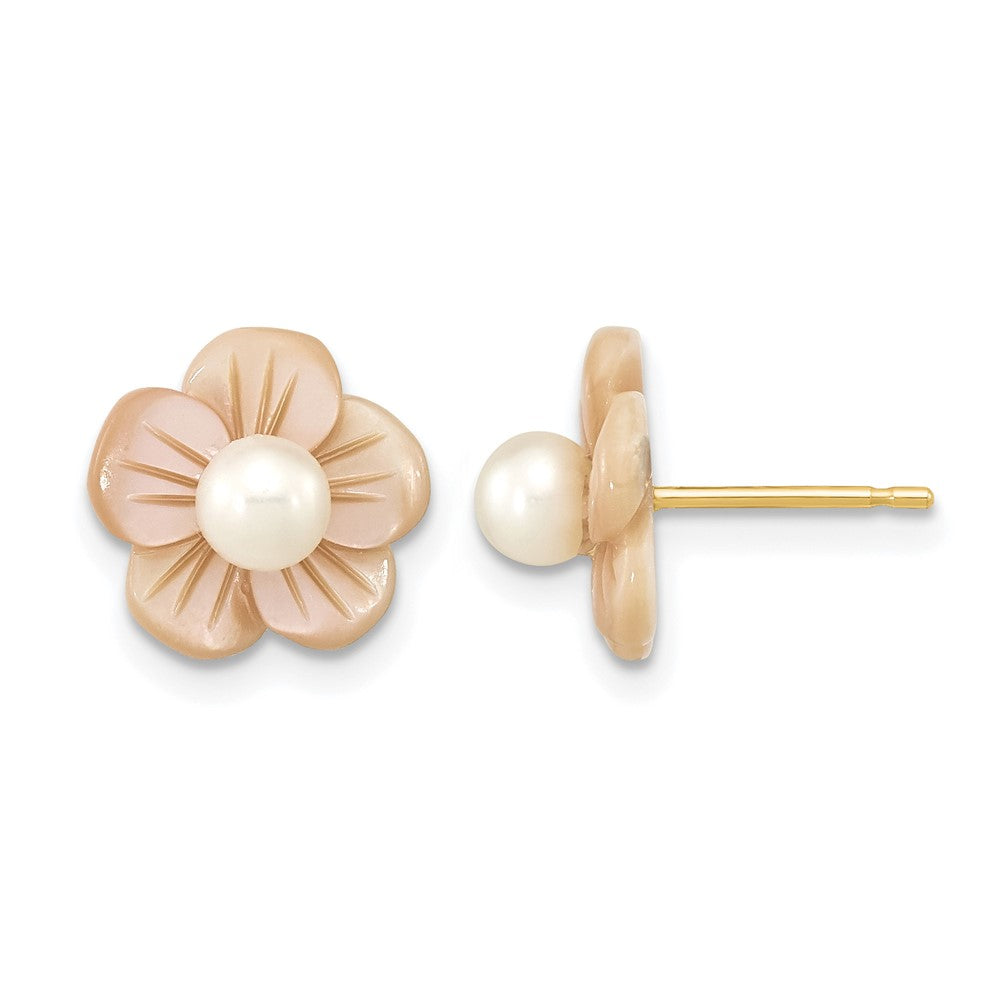 14K Gold Filled 3-4mm White FWC Pearl Pink MOP Flower Earrings, 11mm, Item E19189 by The Black Bow Jewelry Co.