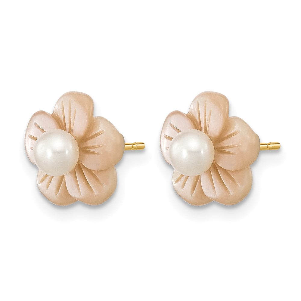 Alternate view of the 14K Gold Filled 3-4mm White FWC Pearl Pink MOP Flower Earrings, 11mm by The Black Bow Jewelry Co.