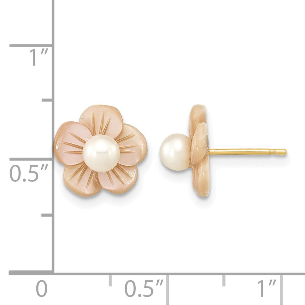 Alternate view of the 14K Gold Filled 3-4mm White FWC Pearl Pink MOP Flower Earrings, 11mm by The Black Bow Jewelry Co.