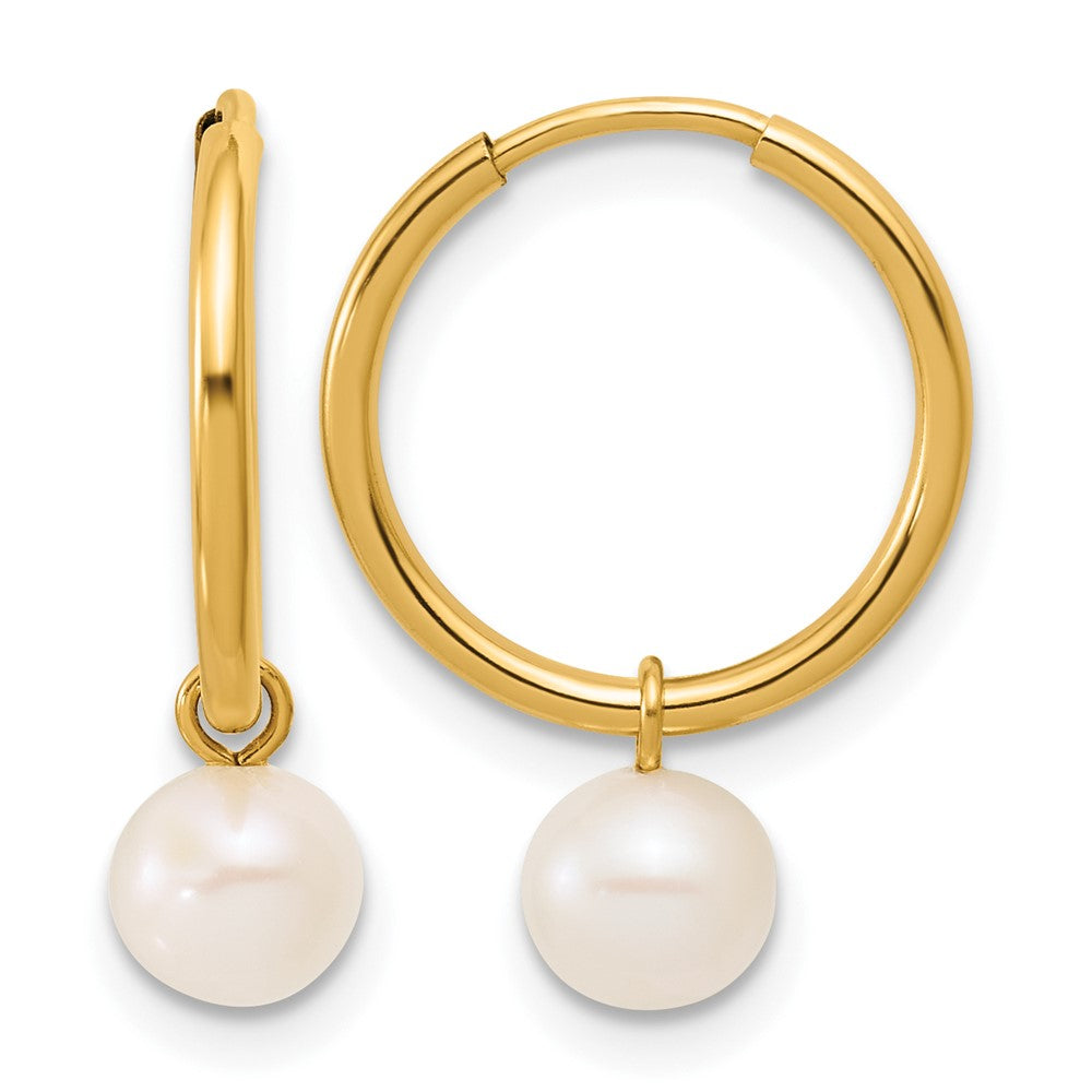 14K Gold Filled 5-6mm Round White FWC Pearl Dangle Hoop Earrings, 14mm, Item E19191 by The Black Bow Jewelry Co.