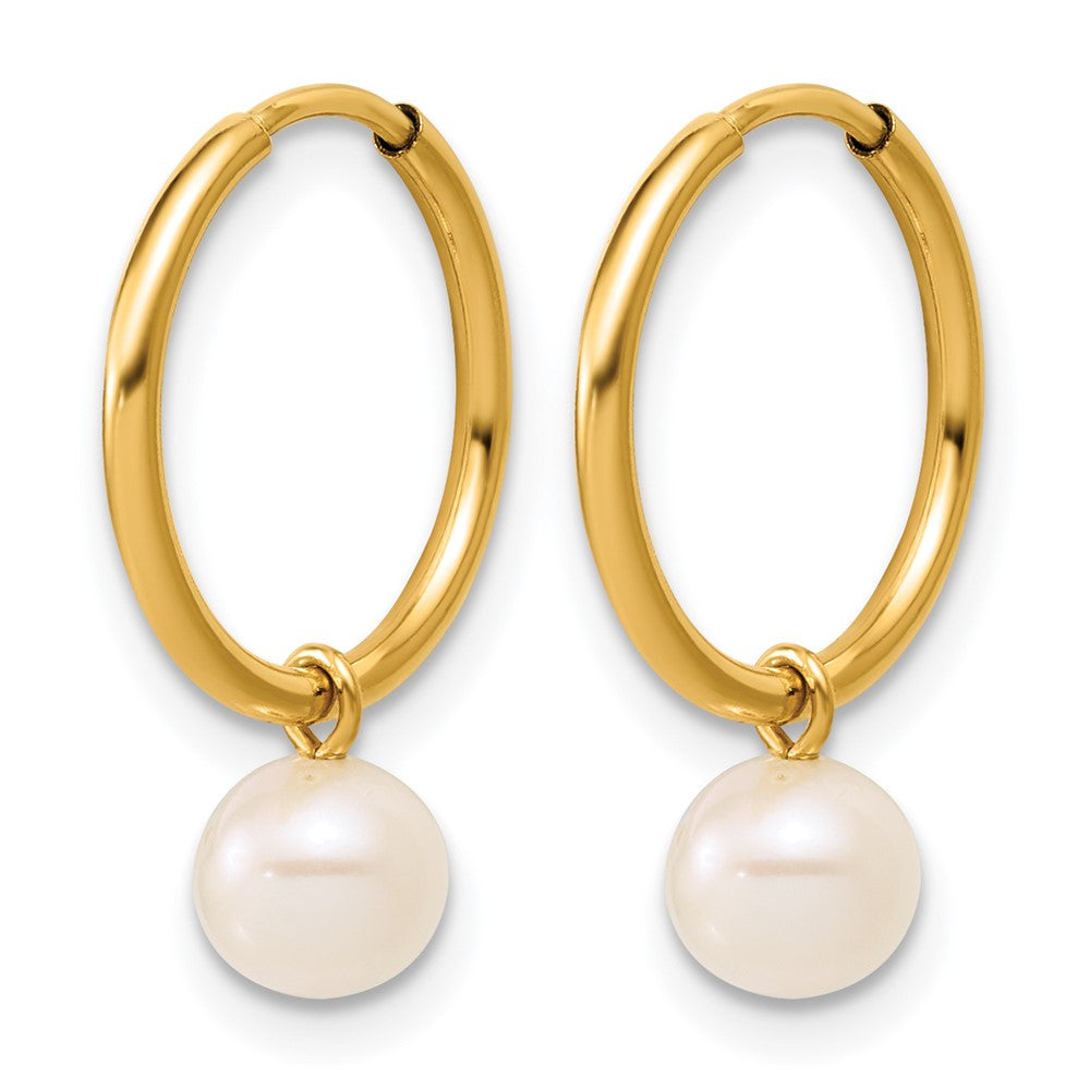 Alternate view of the 14K Gold Filled 5-6mm Round White FWC Pearl Dangle Hoop Earrings, 14mm by The Black Bow Jewelry Co.