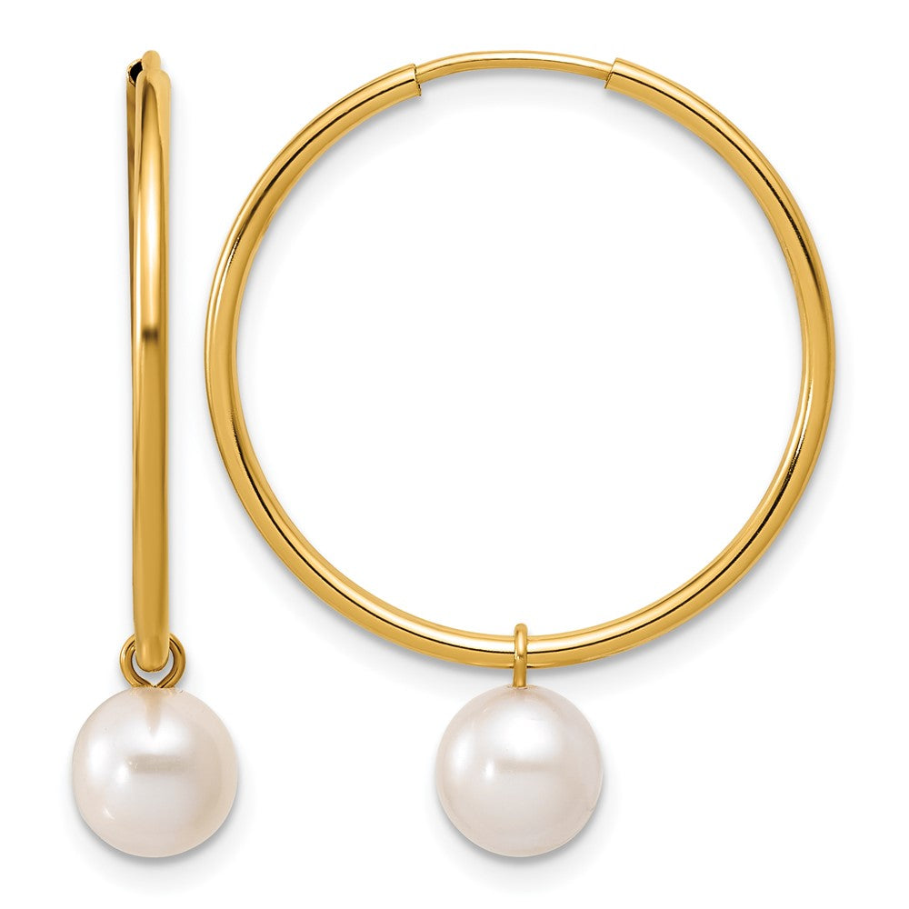 14K Gold Filled 6-7mm Round White FWC Pearl Dangle Hoop Earrings, 25mm, Item E19192 by The Black Bow Jewelry Co.