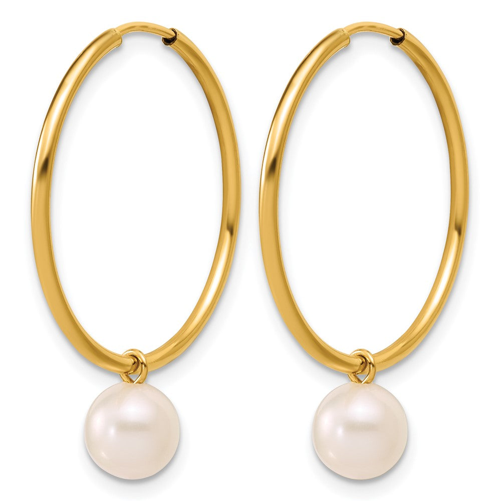 Alternate view of the 14K Gold Filled 6-7mm Round White FWC Pearl Dangle Hoop Earrings, 25mm by The Black Bow Jewelry Co.