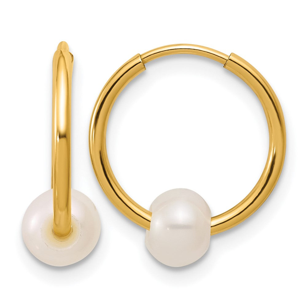 14K Gold Filled 4-5mm Round White FWC Pearl Hollow Hoop Earrings, 14mm, Item E19193 by The Black Bow Jewelry Co.