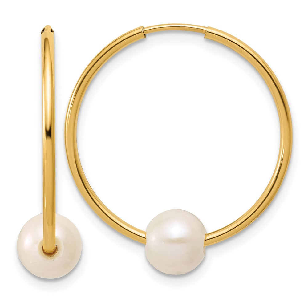 14K Gold Filled 6-7mm Round White FWC Pearl Hollow Hoop Earrings, 25mm, Item E19194 by The Black Bow Jewelry Co.