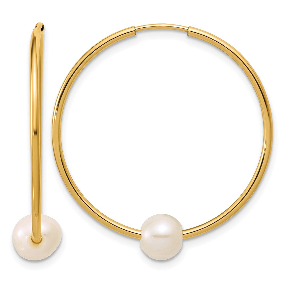 14K Gold Filled 5-6mm Round White FWC Pearl Hollow Hoop Earrings, 32mm, Item E19195 by The Black Bow Jewelry Co.