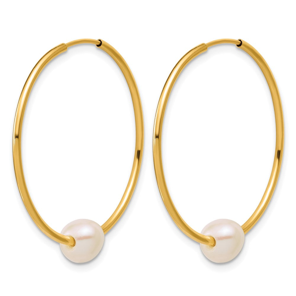Alternate view of the 14K Gold Filled 5-6mm Round White FWC Pearl Hollow Hoop Earrings, 32mm by The Black Bow Jewelry Co.