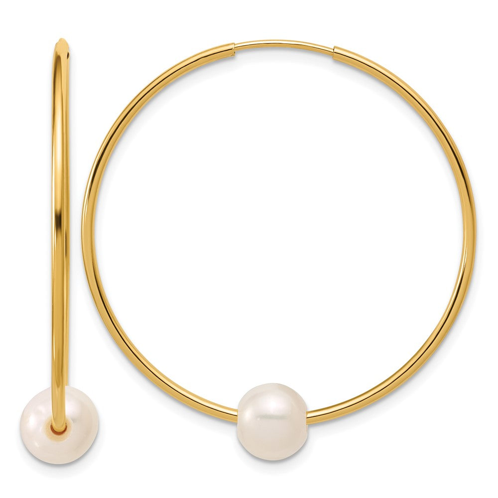 14K Gold Filled 6-7mm Round White FWC Pearl Hollow Hoop Earrings, 38mm, Item E19196 by The Black Bow Jewelry Co.