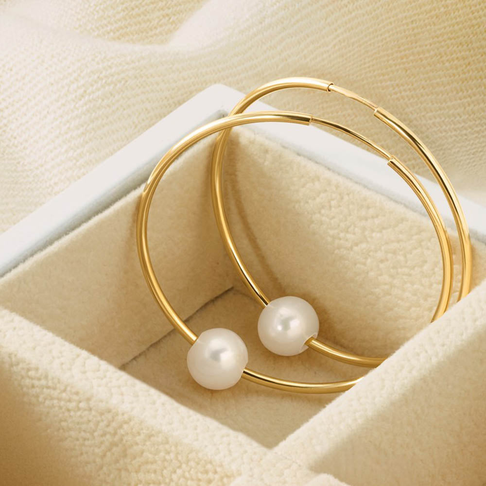 Alternate view of the 14K Gold Filled 6-7mm Round White FWC Pearl Hollow Hoop Earrings, 38mm by The Black Bow Jewelry Co.
