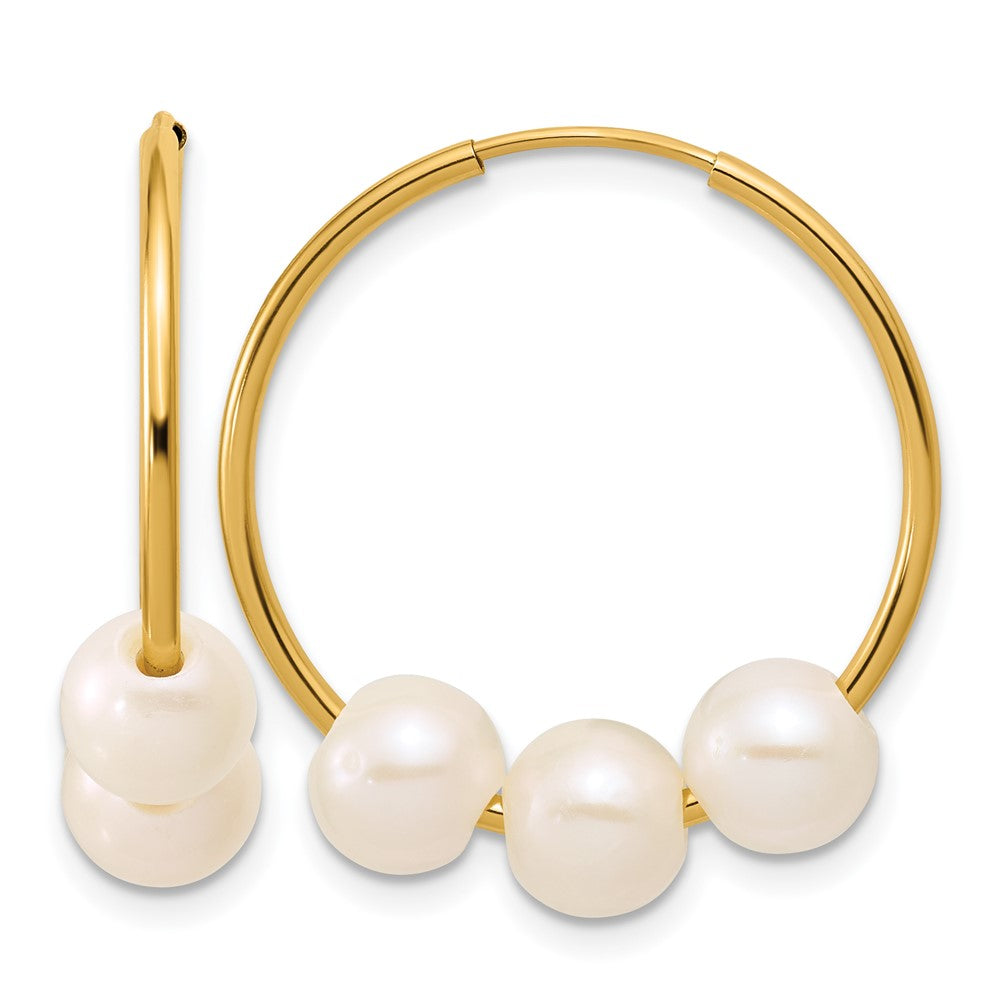 14K Gold Filled 5-6mm Trio White FWC Pearl Hollow Hoop Earrings, 25mm, Item E19197 by The Black Bow Jewelry Co.