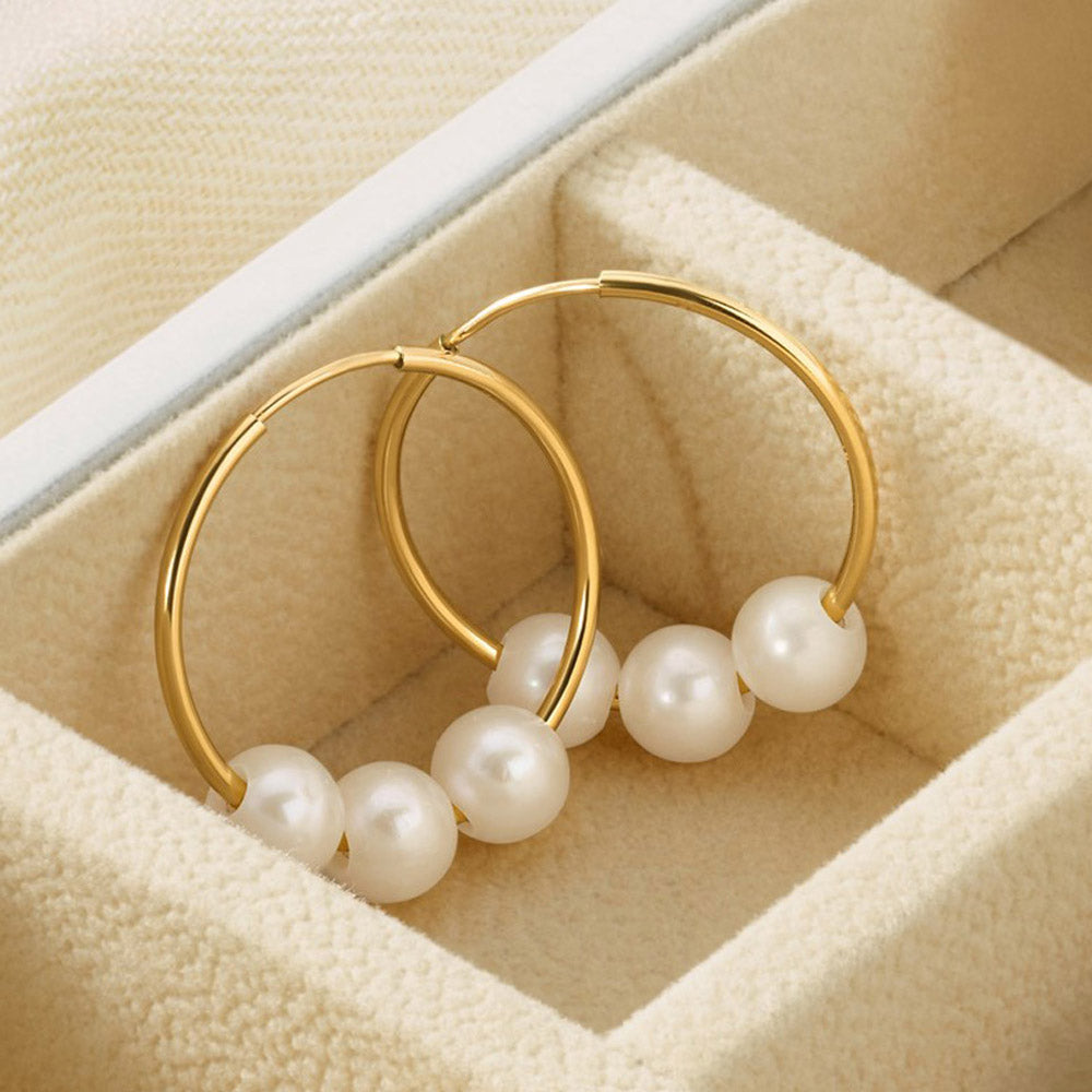 Alternate view of the 14K Gold Filled 5-6mm Trio White FWC Pearl Hollow Hoop Earrings, 25mm by The Black Bow Jewelry Co.