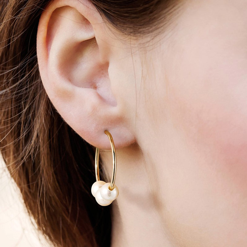 Alternate view of the 14K Gold Filled 5-6mm Trio White FWC Pearl Hollow Hoop Earrings, 25mm by The Black Bow Jewelry Co.