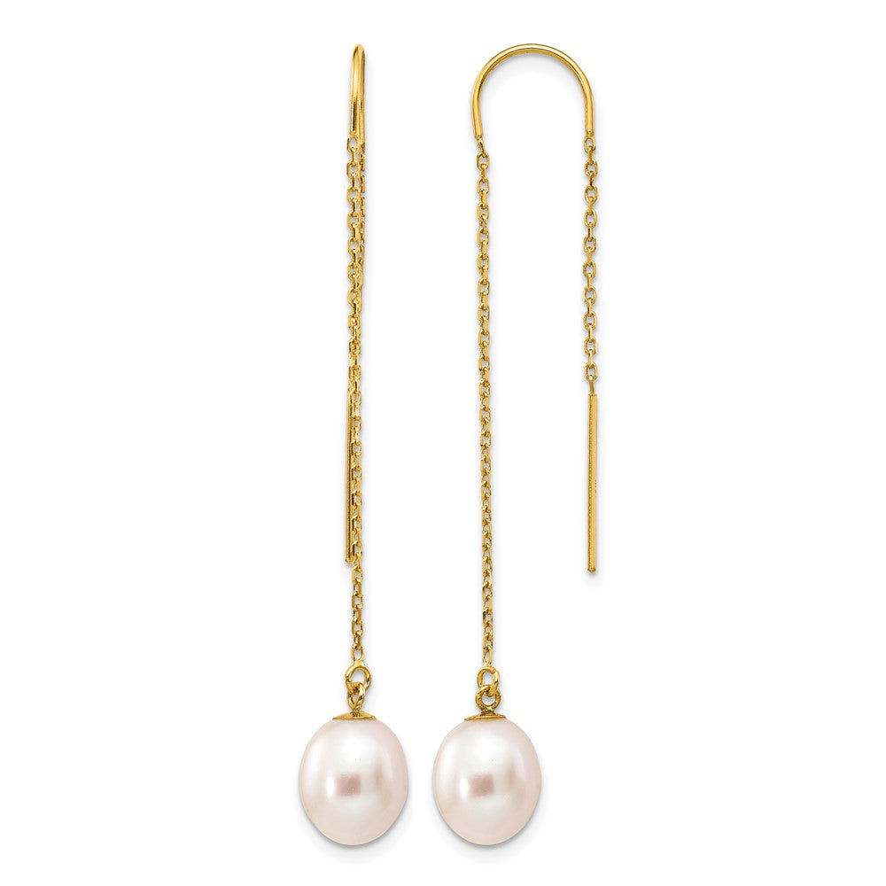 14K Gold Filled 7-8mm White FWC Rice Pearl Threader Earrings, 57mm, Item E19198 by The Black Bow Jewelry Co.