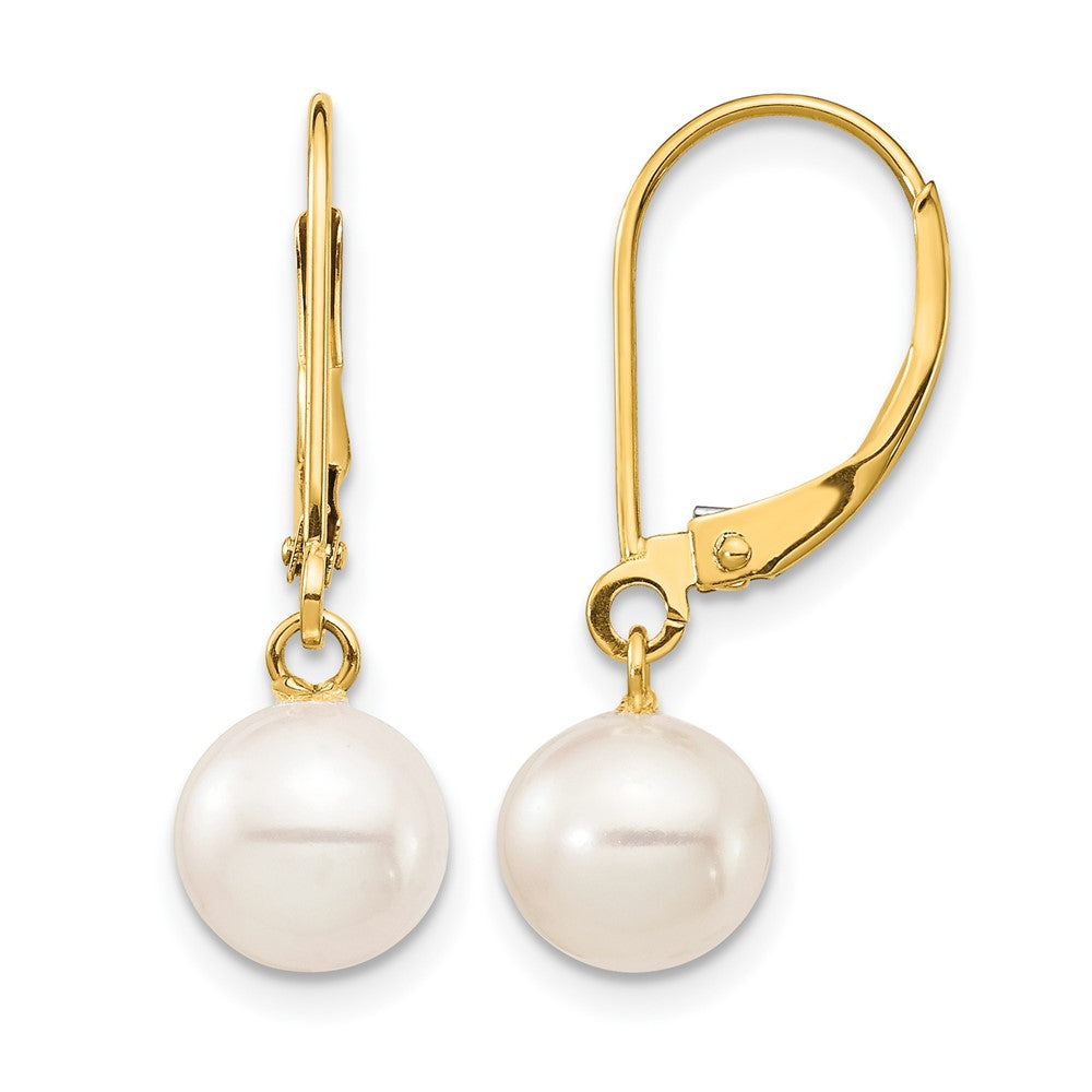 14K Gold Filled 7-8mm White Round FWC Pearl Lever Back Earrings, 24mm, Item E19199 by The Black Bow Jewelry Co.