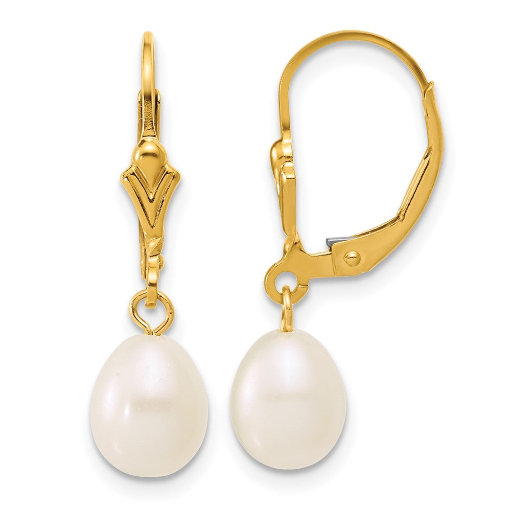 14K Gold Filled 6-7mm White FWC Rice Pearl Lever Back Earrings, 27mm, Item E19200 by The Black Bow Jewelry Co.