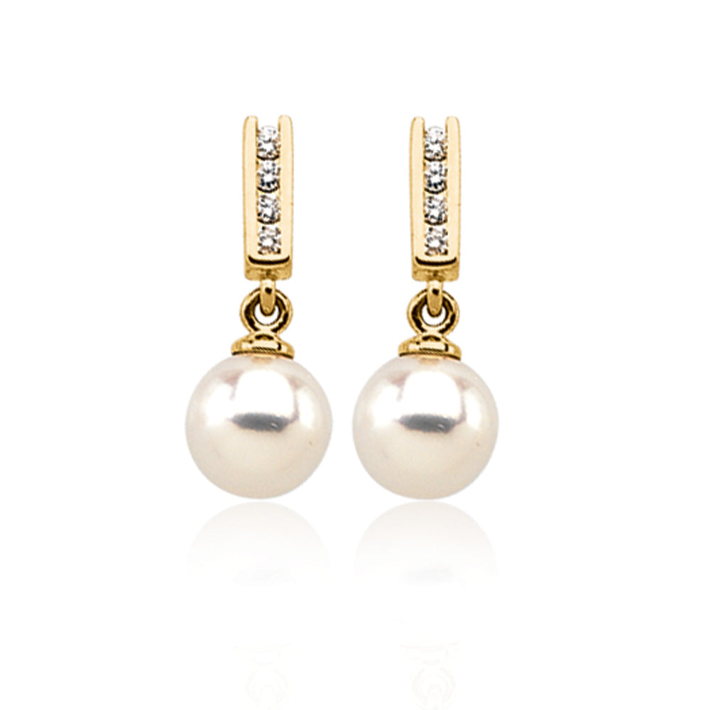 14k Yellow Gold Akoya Cultured Pearl & 1/8 Ctw Diamond Earrings, Item E8316 by The Black Bow Jewelry Co.