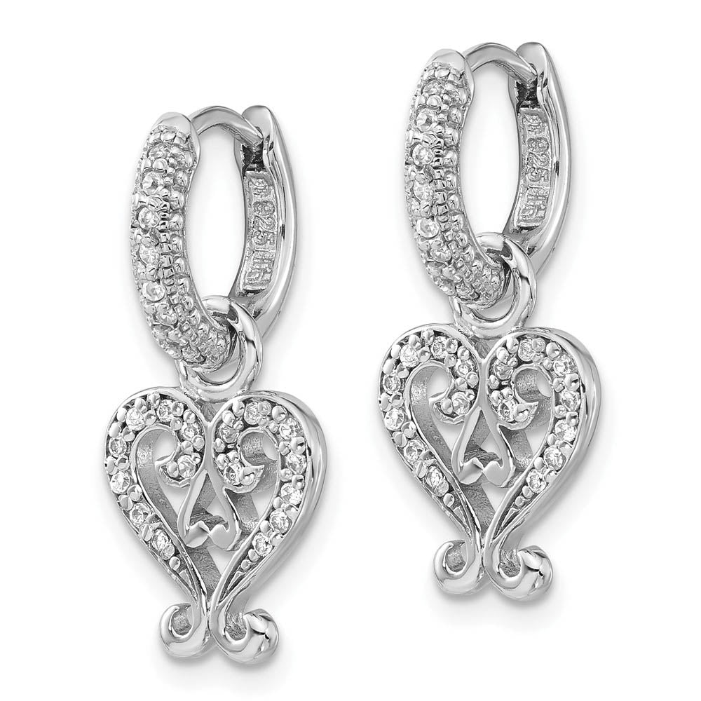 Alternate view of the Rhodium Sterling Silver & CZ Heart, Hinged Hoop Earrings, 12 x 25mm by The Black Bow Jewelry Co.