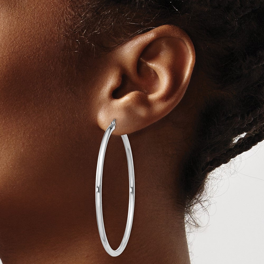 Alternate view of the 2.5mm, Sterling Silver, Classic Round Hoop Earrings - 55mm (2 1/8 In.) by The Black Bow Jewelry Co.